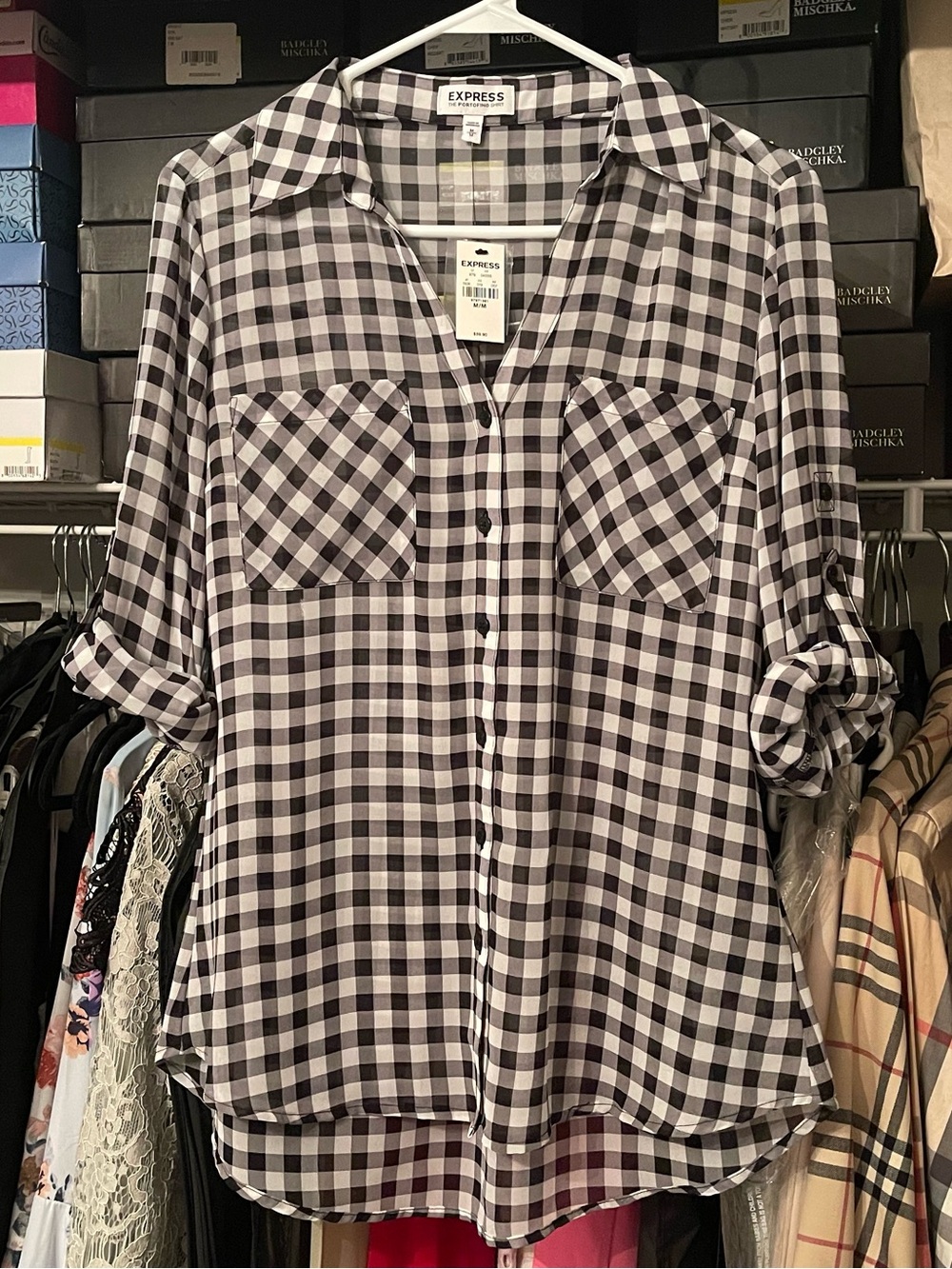 Express Black and White Gingham Portofino Shirt - Picture 2 of 10